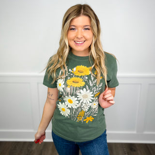 Timeless Bloom Cotton Short Sleeve Olive Green Avery Mae Graphic Tee Shirt