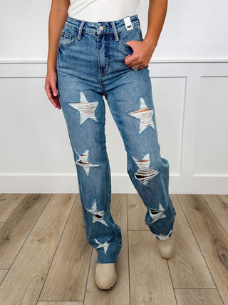 Judy Blue Luna Rigid Magic Distressed High Rise Raw Hem Straight Leg Medium Wash Jeans