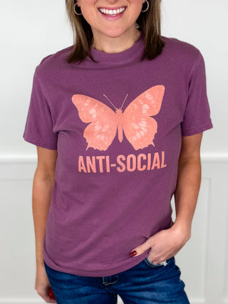 Anti Social Butterfly Cotton Short Sleeve Purple Avery Mae Graphic Tee Shirt