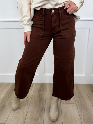 Judy Blue Andrea Mid Rise Wide Leg Cropped Brown Jeans