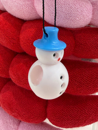 Plush snowman money ornament, blue hat and white face with coin slot, hanging