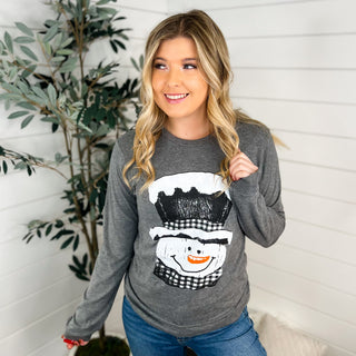 Sweet Snowman Cotton Blend Long Sleeve Grey Avery Mae Graphic Tee Shirt