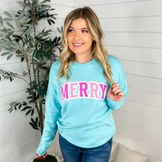 Oh So Merry Cotton Blend Long Sleeve Blue Avery Mae Graphic Crewneck Sweatshirt