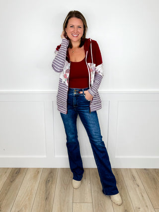 On My Own Time Cotton Blend Long Sleeve Wine Avery Mae Full Zip Sweatshirt