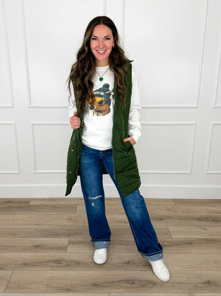 White crewneck sweatshirt with football animal graphic under green jacket, long sleeves