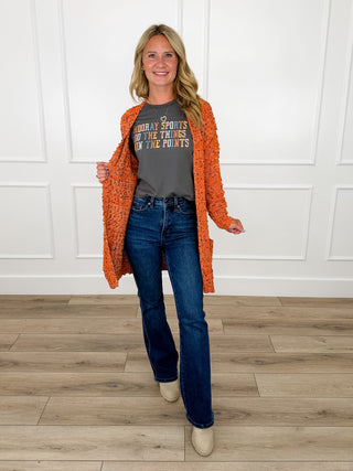 Avery Mae orange knit long-sleeve cardigan, open front, textured knit fabric
