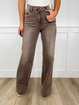 Judy Blue Claire High-Rise Criss Cross Waist Retro Wide Leg Mocha Jeans