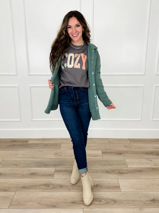Forest green cotton-blend long-sleeve shacket, button-front, relaxed fit