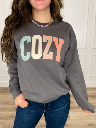 Grey crewneck sweatshirt with long sleeves and 'COZY' graphic