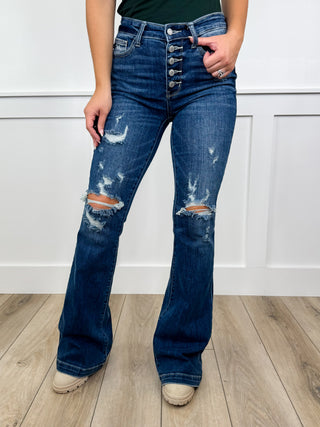 Judy Blue Eliza Distressed Mid Rise Button Fly Trouser Flare Dark Wash Jeans