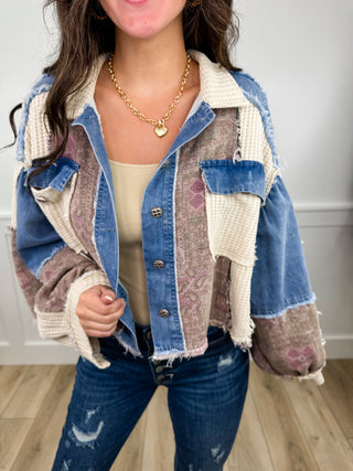 POL Piece it Together Cotton Long Sleeve Cropped Jacket