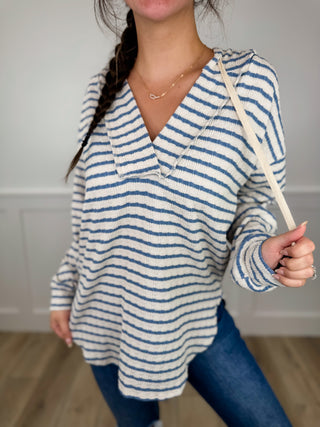 New Adventures Knit Long Sleeve Blue Avery Mae Hooded Top