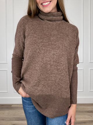 Brown heather knit turtleneck top with long dolman sleeves and relaxed curved hem