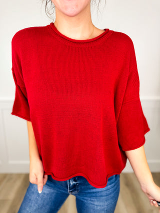 So Uncomplicated Knit Short Sleeve Red Avery Mae Mom Cropped Top
