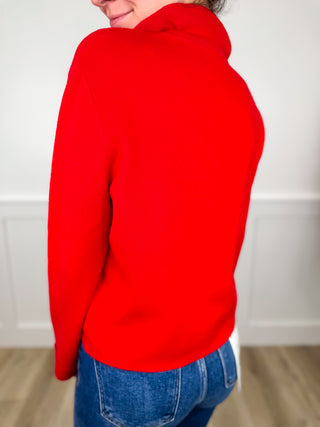 Red cropped long-sleeve sweater top, back view with high neckline