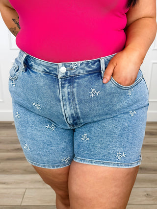 Risen Ember High-Rise Denim Shorts - Light Wash (Embroidered, Non-Distressed)