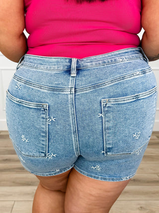 Risen Ember High-Rise Denim Shorts - Light Wash (Embroidered, Non-Distressed)