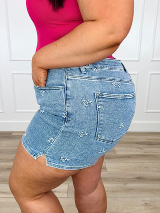 Risen Ember High-Rise Denim Shorts - Light Wash (Embroidered, Non-Distressed)