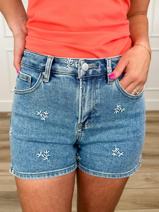 Risen Ember High-Rise Denim Shorts - Light Wash (Embroidered, Non-Distressed)