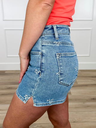Risen Ember High-Rise Denim Shorts - Light Wash (Embroidered, Non-Distressed)