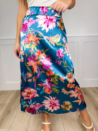 Sew In Love Pretty in Petals Satin Teal Blue Skirt