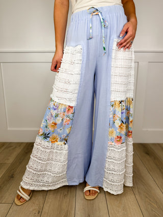 POL Ruffles of Bloom High Rise Cotton Wide Leg Blue Bottoms