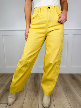 The Best Day High Rise Cotton Blend Yellow Avery Mae Barrel Jeans