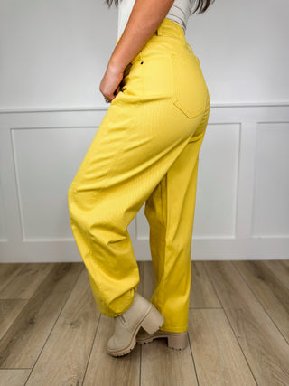 The Best Day High Rise Cotton Blend Yellow Avery Mae Barrel Jeans