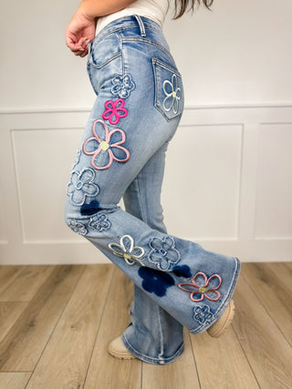 Floral Flair High Rise Cotton Blend Flare Medium Wash Avery Mae Jeans