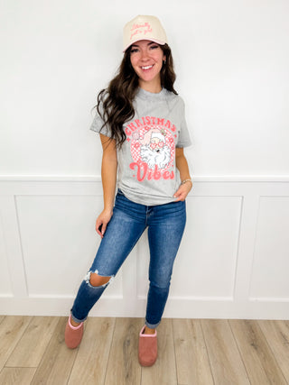 Grey short-sleeve graphic cotton T-shirt with Santa 'Vibes' print