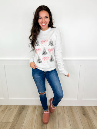 Christmas Bows & Branches Cotton Blend Long Sleeve Grey Avery Mae Graphic Crewneck Sweatshirt - 2 colors!