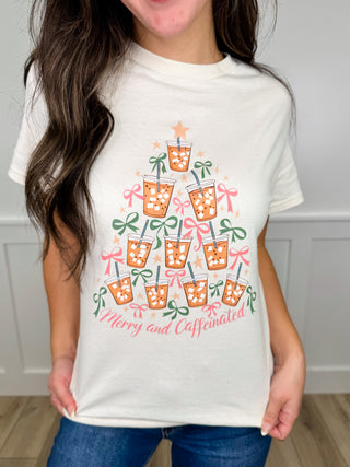 Merry & Caffeinated Cotton Short Sleeve Cream Avery Mae Graphic Tee Shirt