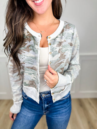 White Birch Combat Style Knit Long Sleeve Camo Mom Cropped Button Up Sweater Top