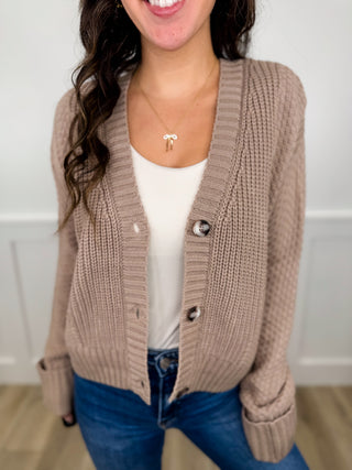 Discovering My Dreams Knit Long Sleeve Latte Brown Avery Mae Mom Cropped Cardigan