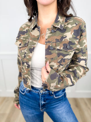 Cello Ciara Cotton Blend Long Sleeve Camo Cropped Denim Jacket