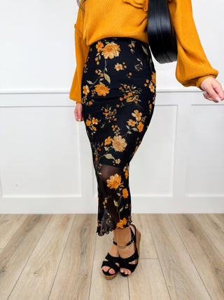 Hem & Thread A Moment in Bloom Mesh Black Avery Mae Midi Skirt