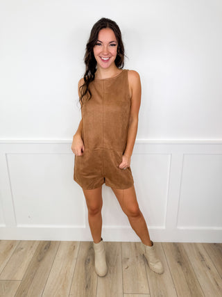 Happy to Be Here Faux Suede Brown Avery Mae Romper