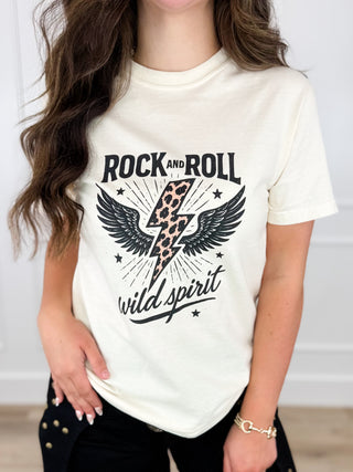 Cream cotton short-sleeve graphic T-shirt with rock-and-roll wild spirit winged lightning logo