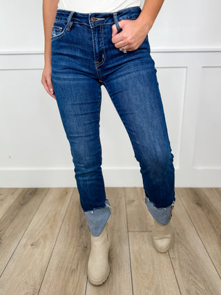 Mica Crystal Distressed Mid Rise Straight Leg Dark Wash Blue Jeans