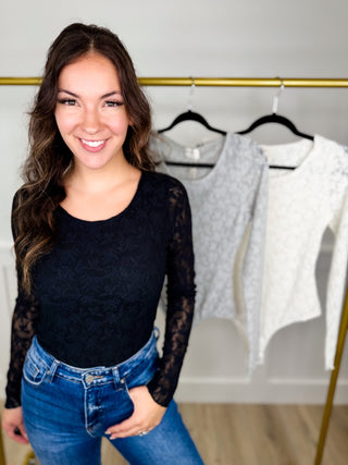 Crazy in Love Lace Long Sleeve Avery Mae Bodysuit Top - 3 colors!