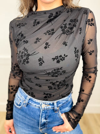 Hem & Thread Eyes on the Prize Sheer Mesh Long Sleeve Black Bodysuit Top - 2 colors!