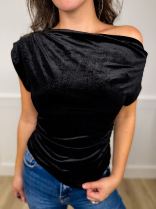 Hem & Thread Confidence Suits Me Velvet Short Sleeve Black Top