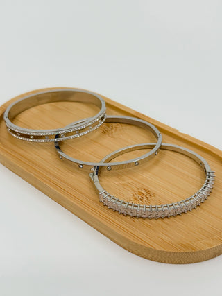 Silver rhinestone cuff bracelet set, three stacked bangles with textured details