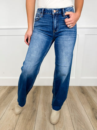 Risen Bridget Tummy Control Mid Rise Raw Hem Straight Leg Medium Wash Blue Jeans