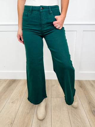 Risen Shana Tummy Control High Rise Fray Hem Wide Leg Green Cropped Jeans