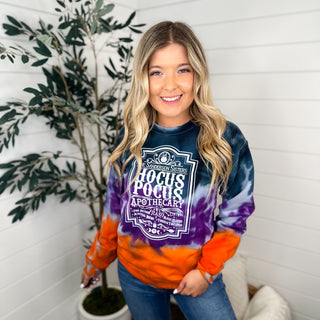 Hocus Pocus Apothecary Cotton Blend Long Sleeve Tie Dye Avery Mae Graphic Crewneck Sweatshirt