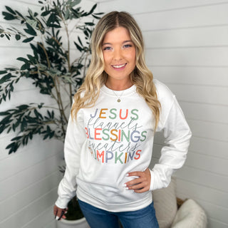 Cozy Jesus, Blessings, & Pumpkins Cotton Blend Long Sleeve White Avery Mae Graphic Crewneck Sweatshirt