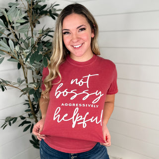 Not Bossy, Aggressively Helpful Cotton Short Sleeve Wine Red Avery Mae Graphic Tee Shirt