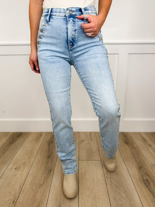 Saige Braylen Tummy Control Straight Leg Jeans - Light Wash (Side Buttons, Non-Distressed)