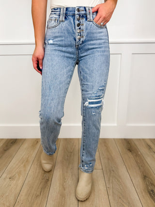 Saige Amanda Rigid Tummy Control Distressed High Rise Button Fly Slim Straight Medium Wash Avery Mae Blue Jeans